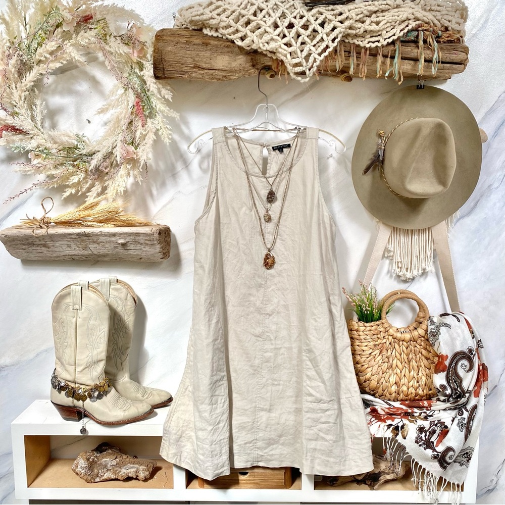 COPY - Comfy 100% LINEN peasant dress pockets w prairie/country/cottage/western…